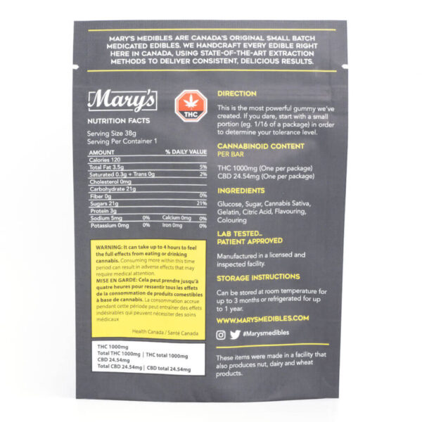 1000mg THC Sativa Gummy Bar (Mary’s Edibles) - Image 2