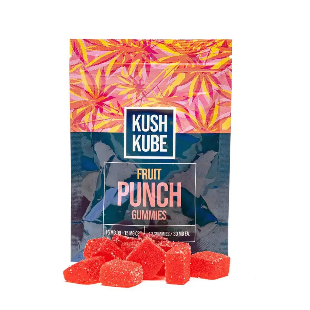 Kush-Kube-Delta-9-_-CBD-Gummies-Fruit-Punch-Combo Kush Kube Delta 9 + CBD Gummies – Fruit Punch (150 mg total Delta 9 THC + 150 mg Total CBD) - Image 1