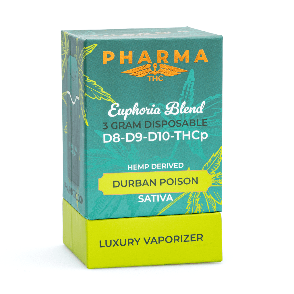PharmaTHC-Delta-8-Delta-9-Delta-10-THCP-Disposable-Vape-Durban-Poison-3-grams-Box-Front PharmaTHC Delta 8, Delta 9, Delta 10 & THCP Disposable Vape – Durban Poison (3 grams) - Image 1